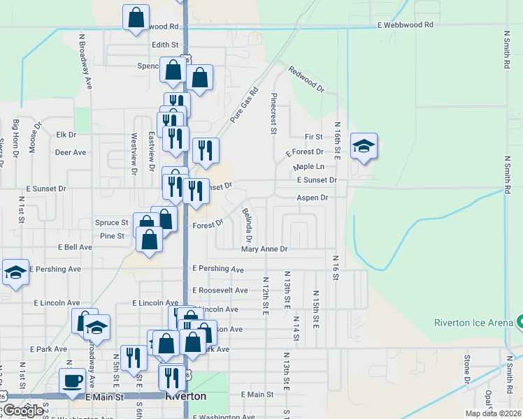 map of restaurants, bars, coffee shops, grocery stores, and more near 1111 Forest Drive in Riverton