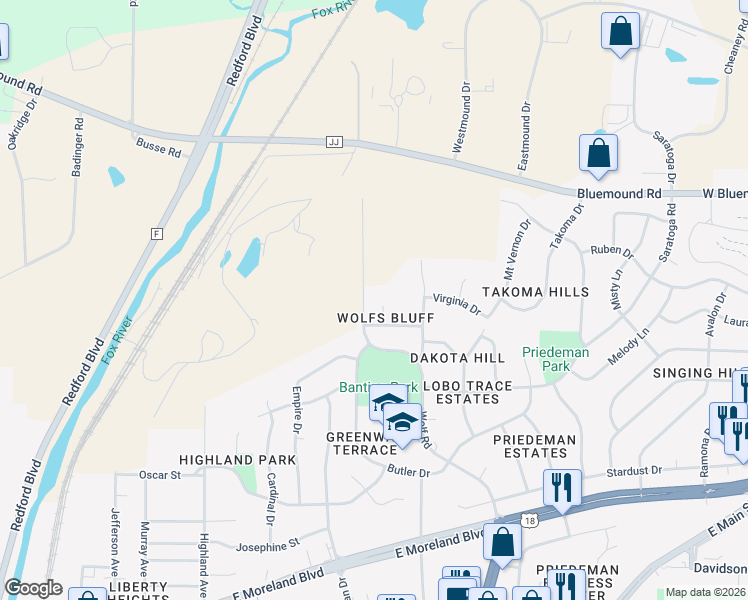map of restaurants, bars, coffee shops, grocery stores, and more near 2210 Bluff Court in Waukesha