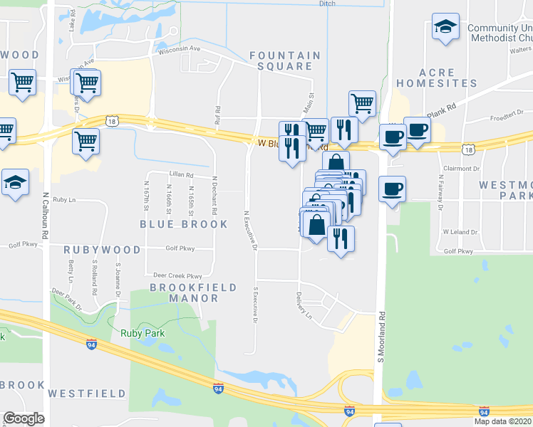 map of restaurants, bars, coffee shops, grocery stores, and more near 300 North Executive Drive in Brookfield