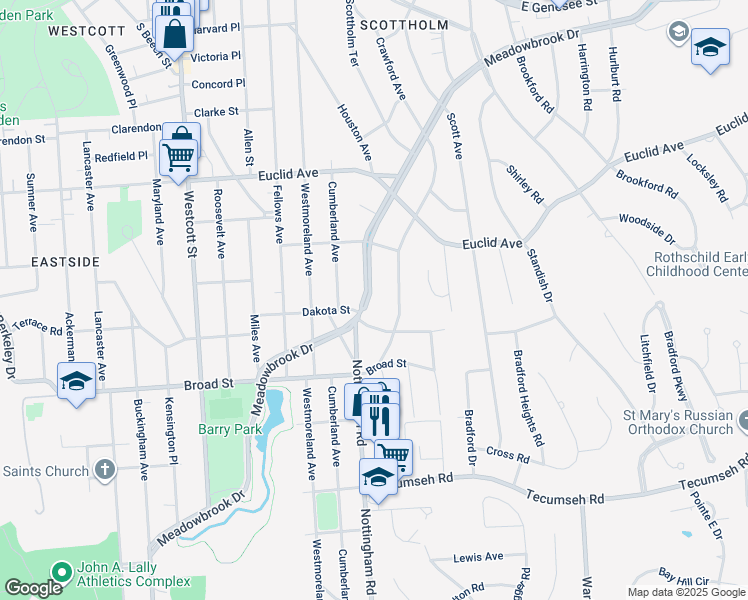 map of restaurants, bars, coffee shops, grocery stores, and more near 920 Meadowbrook Drive in Syracuse