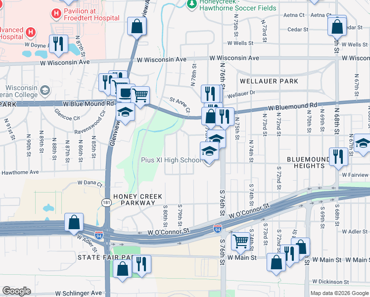 map of restaurants, bars, coffee shops, grocery stores, and more near 224 North 79th Street in Milwaukee