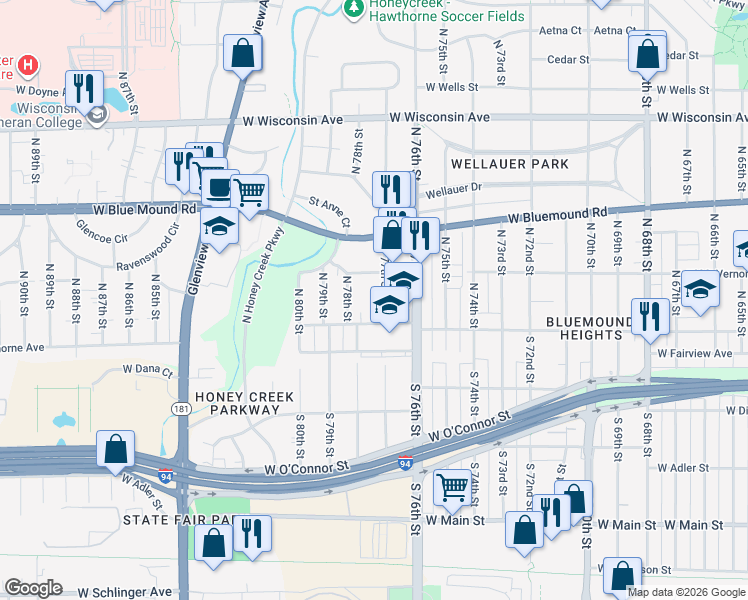 map of restaurants, bars, coffee shops, grocery stores, and more near 7729 West Mount Vernon Avenue in Milwaukee
