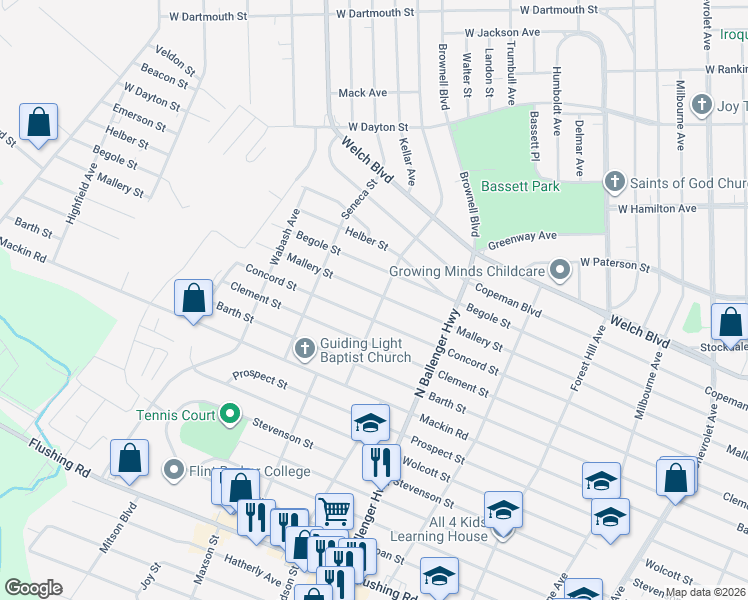 map of restaurants, bars, coffee shops, grocery stores, and more near 3005 Mallery Street in Flint