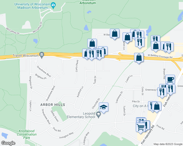 map of restaurants, bars, coffee shops, grocery stores, and more near 2707 McDivitt Road in Madison