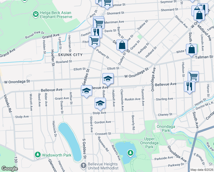map of restaurants, bars, coffee shops, grocery stores, and more near 1038 Bellevue Avenue in Syracuse