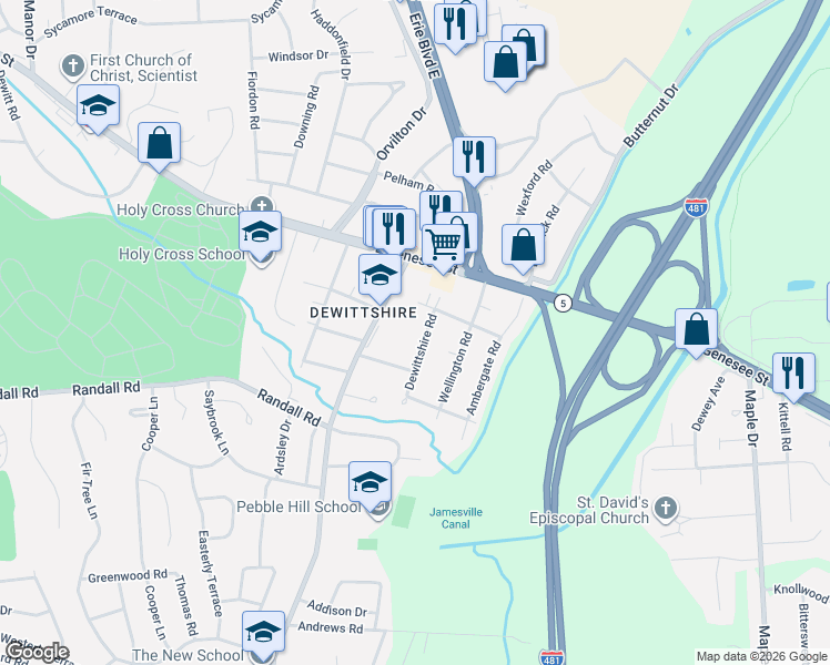 map of restaurants, bars, coffee shops, grocery stores, and more near 106 Dewittshire Road in Syracuse