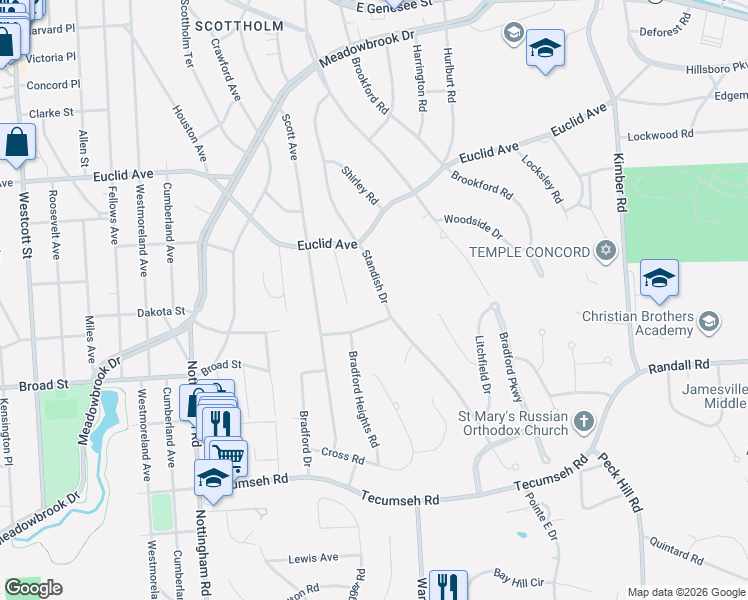 map of restaurants, bars, coffee shops, grocery stores, and more near 312 Standish Drive in Syracuse