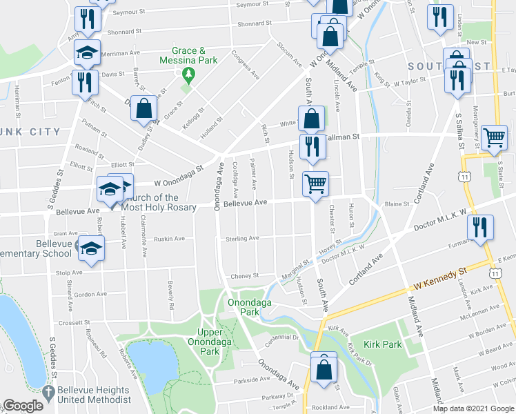 map of restaurants, bars, coffee shops, grocery stores, and more near in Syracuse