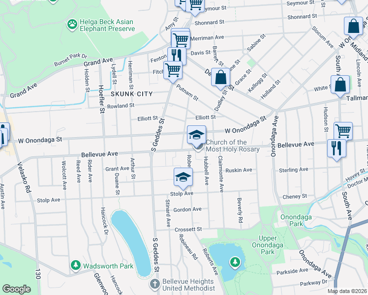 map of restaurants, bars, coffee shops, grocery stores, and more near 408 Bradley Street in Syracuse