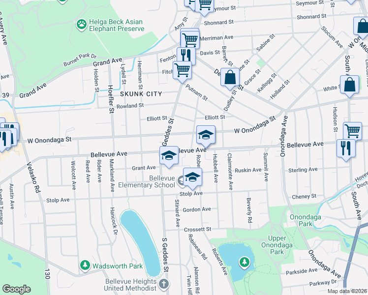map of restaurants, bars, coffee shops, grocery stores, and more near 408 Bradley Street in Syracuse