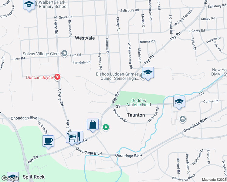 map of restaurants, bars, coffee shops, grocery stores, and more near 635 Cherry Road in Syracuse