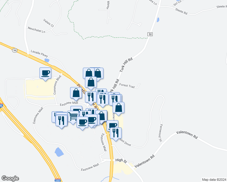 map of restaurants, bars, coffee shops, grocery stores, and more near 48 Square Drive in Victor