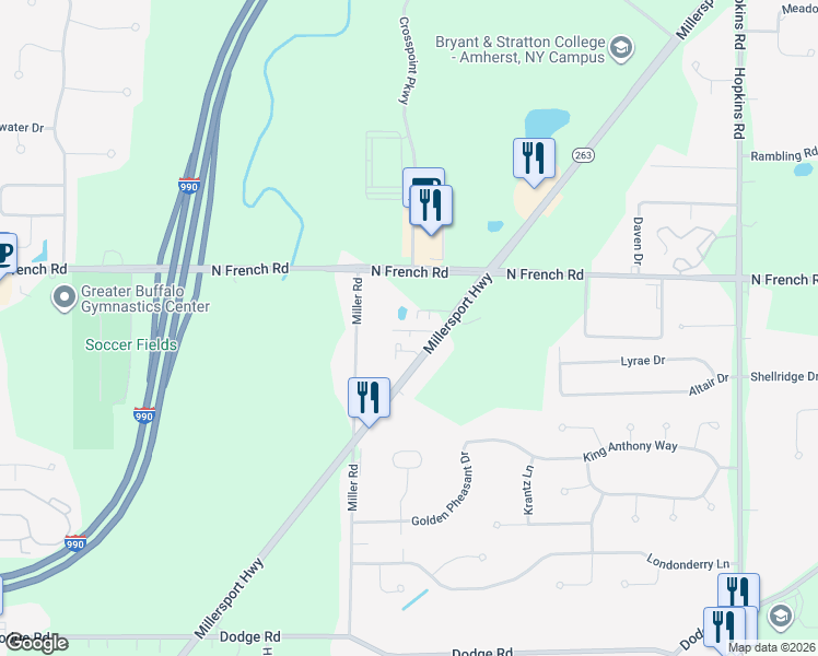 map of restaurants, bars, coffee shops, grocery stores, and more near 3320 Millersport Highway in Getzville