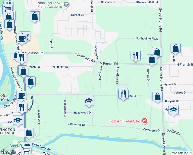 map of restaurants, bars, coffee shops, grocery stores, and more near 385 N French Rd in Buffalo