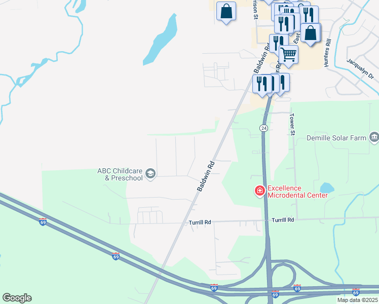 map of restaurants, bars, coffee shops, grocery stores, and more near 1118 Vivian Drive in Lapeer
