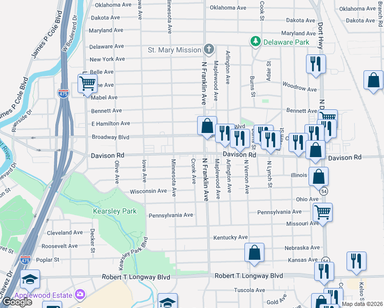 map of restaurants, bars, coffee shops, grocery stores, and more near 1721 Davison Road in Flint