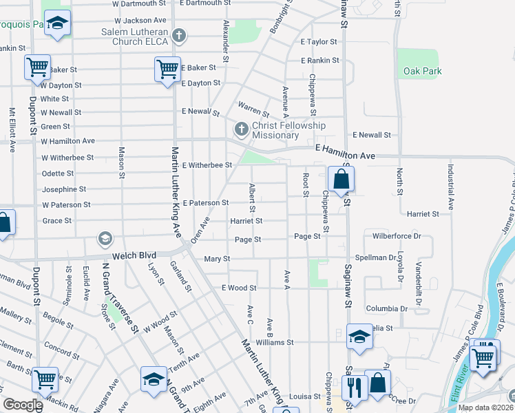 map of restaurants, bars, coffee shops, grocery stores, and more near 333 East Paterson Street in Flint