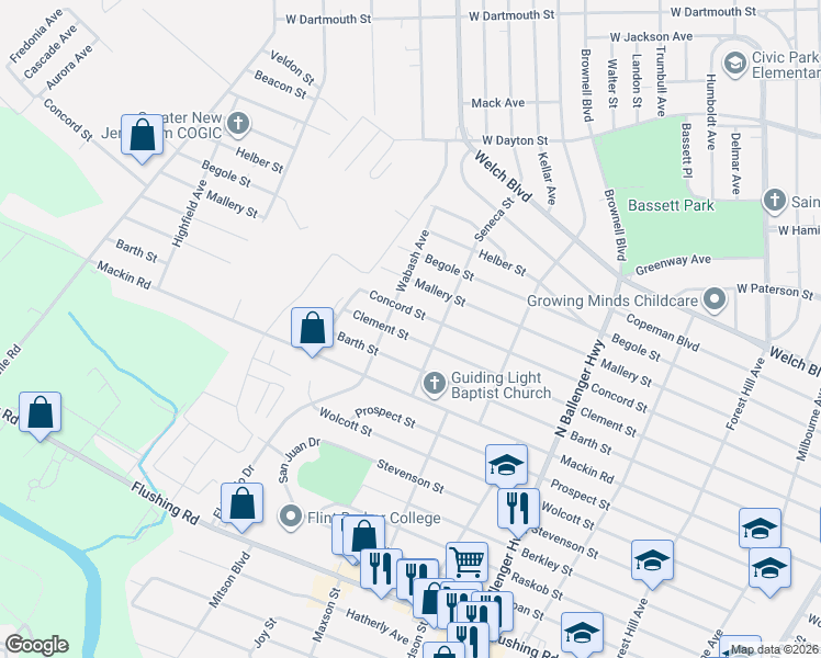 map of restaurants, bars, coffee shops, grocery stores, and more near 3309 Concord Street in Flint