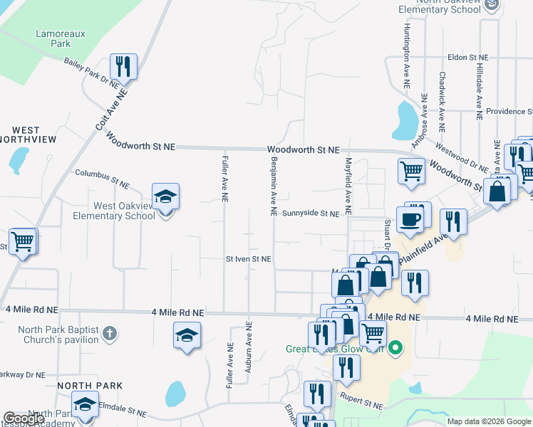map of restaurants, bars, coffee shops, grocery stores, and more near 3845 Benjamin Avenue Northeast in Grand Rapids