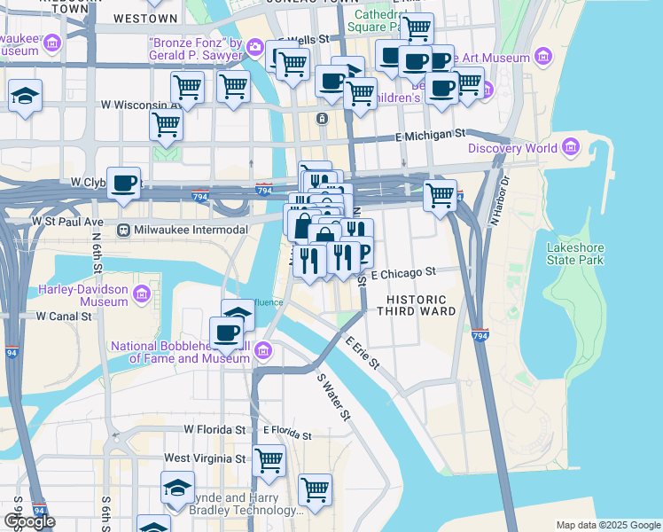 map of restaurants, bars, coffee shops, grocery stores, and more near 241 North Broadway in Milwaukee