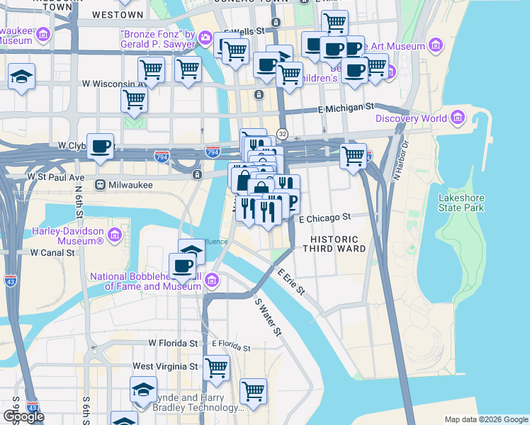 map of restaurants, bars, coffee shops, grocery stores, and more near in Milwaukee