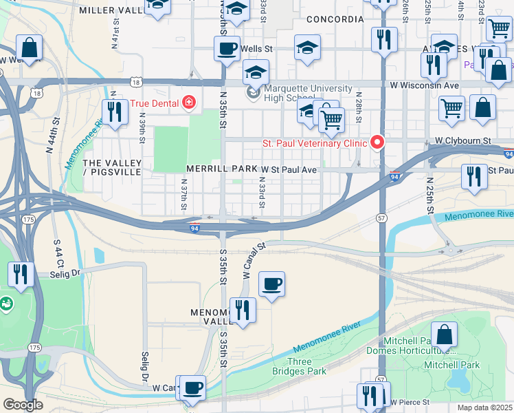 map of restaurants, bars, coffee shops, grocery stores, and more near 3301 West Mount Vernon Avenue in Milwaukee
