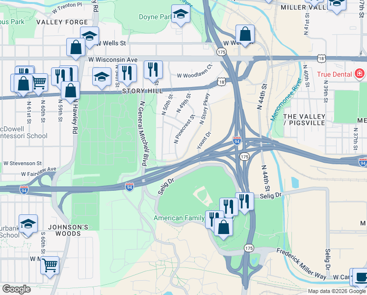 map of restaurants, bars, coffee shops, grocery stores, and more near 259 North Story Parkway in Milwaukee