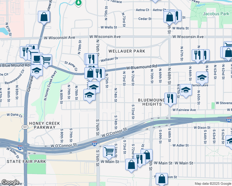 map of restaurants, bars, coffee shops, grocery stores, and more near 221 North 74th Street in Milwaukee