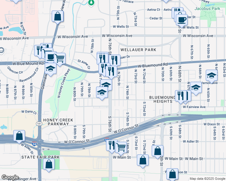 map of restaurants, bars, coffee shops, grocery stores, and more near 213 North 75th Street in Milwaukee