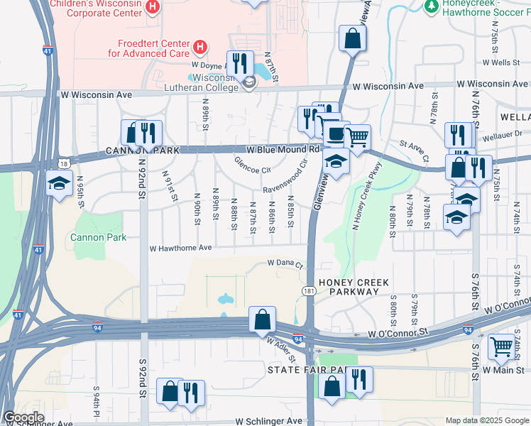 map of restaurants, bars, coffee shops, grocery stores, and more near 185 North 86th Street in Wauwatosa