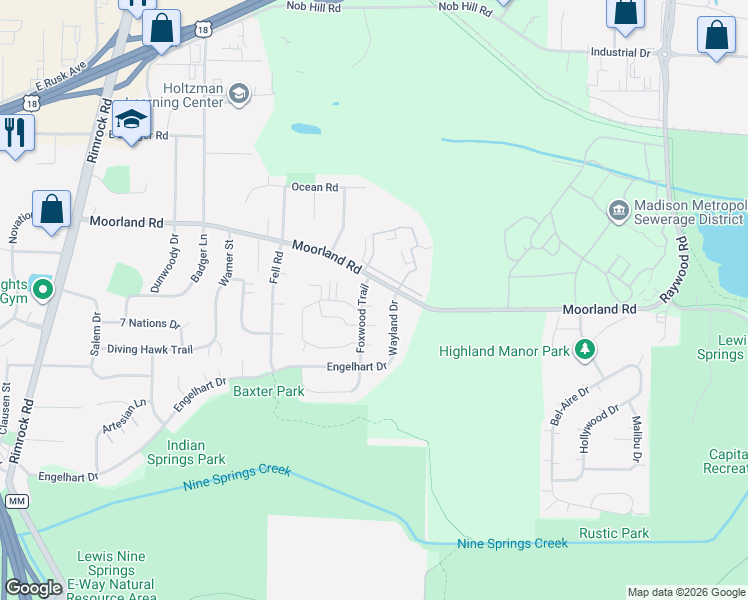 map of restaurants, bars, coffee shops, grocery stores, and more near 1105 Moorland Road in Madison