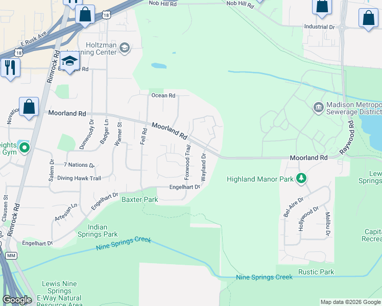 map of restaurants, bars, coffee shops, grocery stores, and more near 1105 Moorland Road in Madison