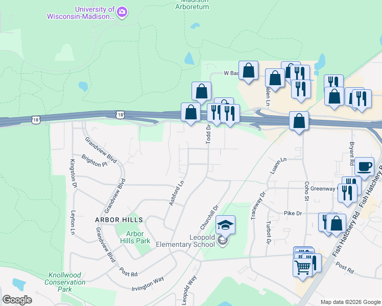 map of restaurants, bars, coffee shops, grocery stores, and more near 2710 McDivitt Road in Madison