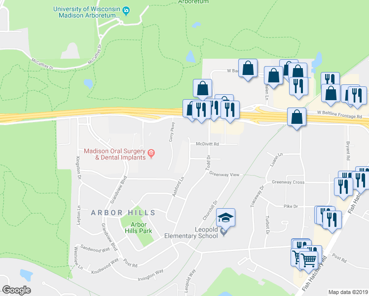 map of restaurants, bars, coffee shops, grocery stores, and more near 2898 Ashford Lane in Madison