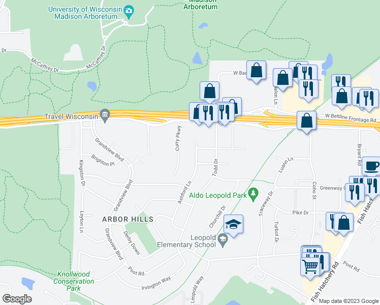 map of restaurants, bars, coffee shops, grocery stores, and more near 2898 Ashford Lane in Madison