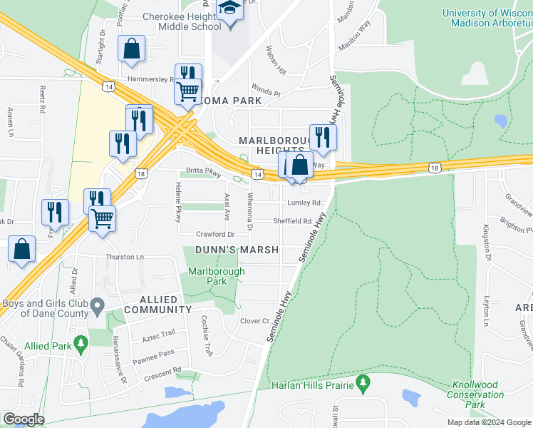 map of restaurants, bars, coffee shops, grocery stores, and more near 4325 Lumley Road in Madison