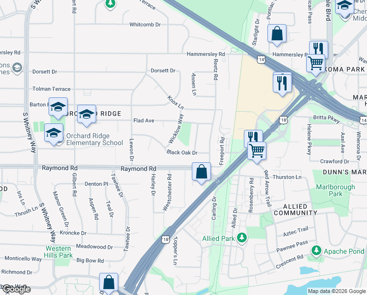 map of restaurants, bars, coffee shops, grocery stores, and more near 1717 Wicklow Way in Madison