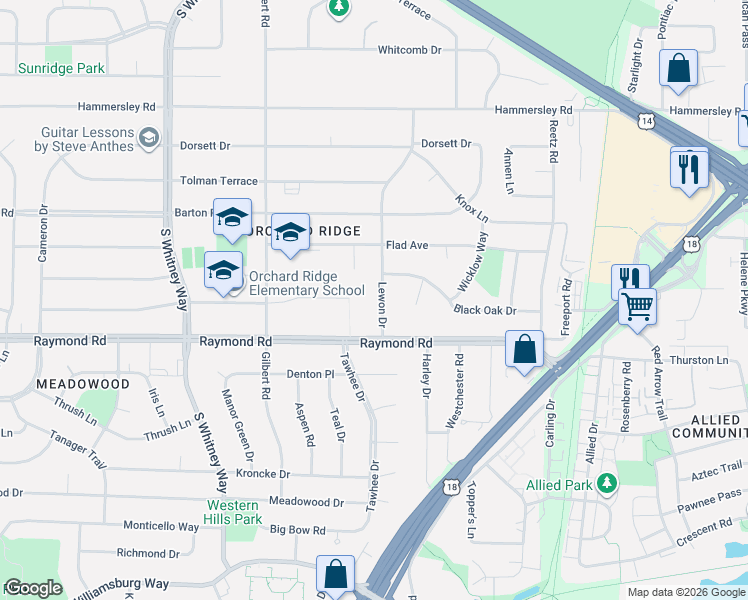 map of restaurants, bars, coffee shops, grocery stores, and more near 1802 Lewon Drive in Madison
