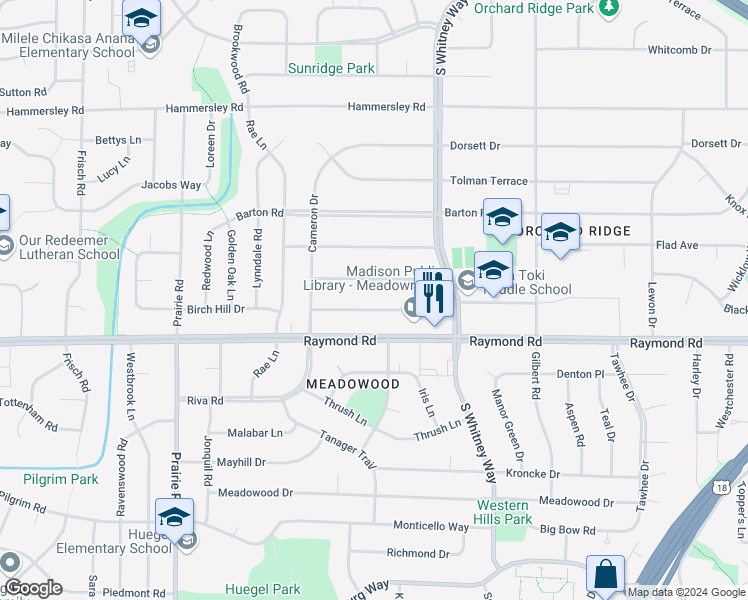 map of restaurants, bars, coffee shops, grocery stores, and more near 5809 Bartlett Lane in Madison