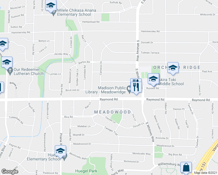 map of restaurants, bars, coffee shops, grocery stores, and more near 1801 Cameron Drive in Madison