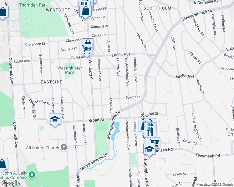 map of restaurants, bars, coffee shops, grocery stores, and more near 656 Fellows Avenue in Syracuse
