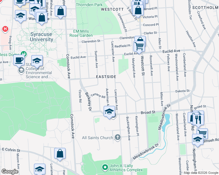map of restaurants, bars, coffee shops, grocery stores, and more near 925-27 Ackerman Avenue in Syracuse