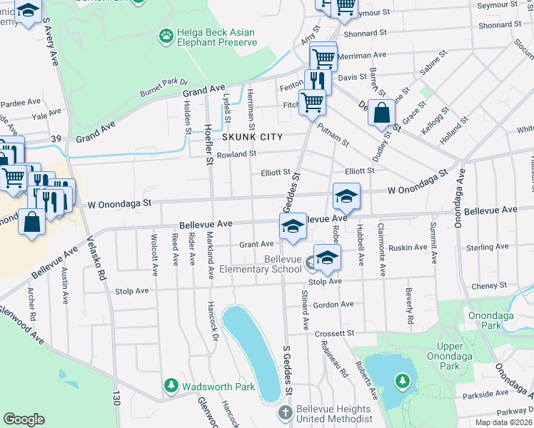 map of restaurants, bars, coffee shops, grocery stores, and more near 1331 West Onondaga Street in Syracuse