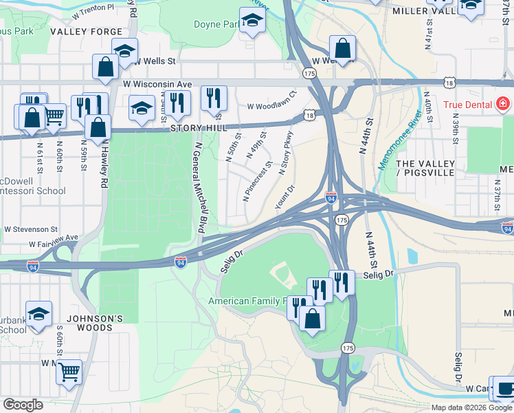 map of restaurants, bars, coffee shops, grocery stores, and more near 259 North Story Parkway in Milwaukee