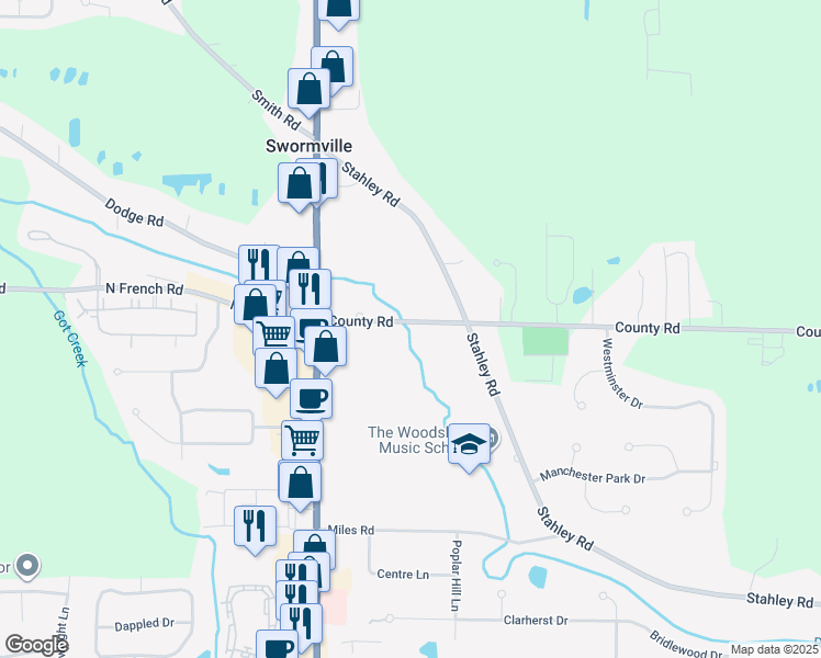map of restaurants, bars, coffee shops, grocery stores, and more near 8105 County Road in East Amherst