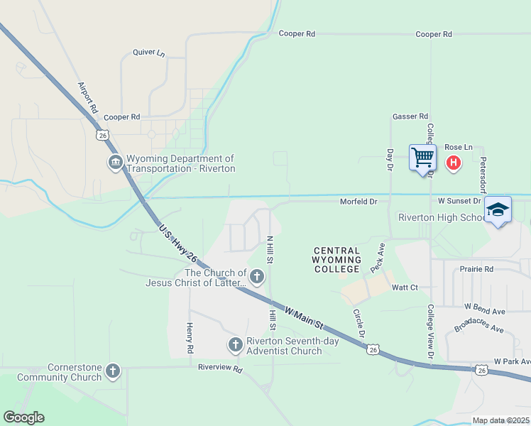 map of restaurants, bars, coffee shops, grocery stores, and more near 2905 College Hill Drive in Riverton