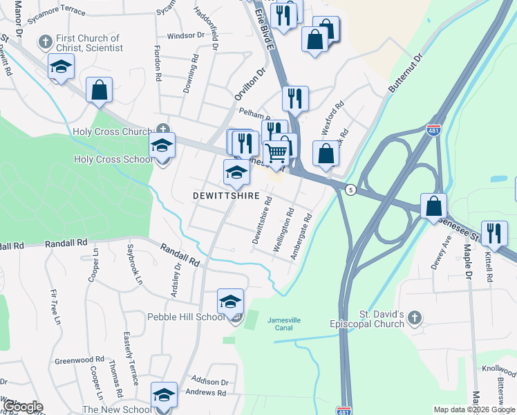 map of restaurants, bars, coffee shops, grocery stores, and more near 106 Dewittshire Road in Syracuse