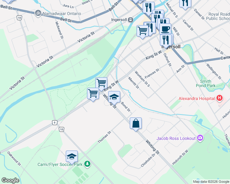 map of restaurants, bars, coffee shops, grocery stores, and more near 253 King Street West in Ingersoll