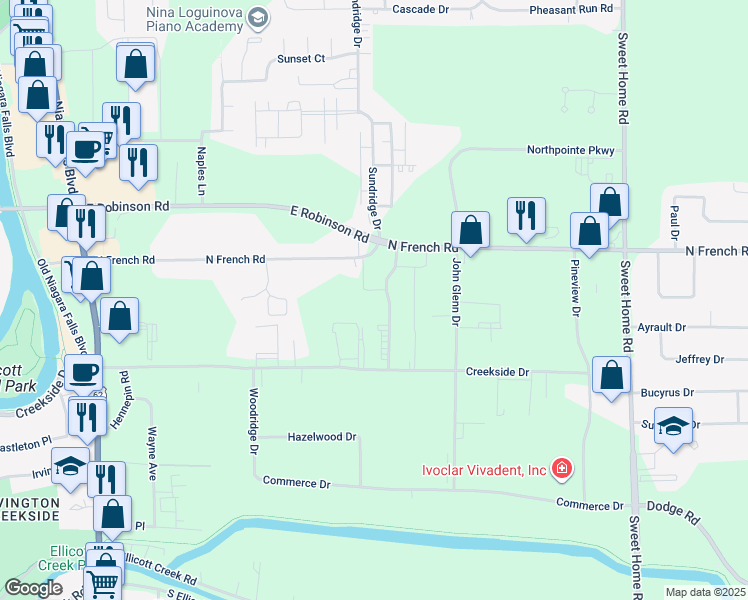 map of restaurants, bars, coffee shops, grocery stores, and more near 385 North French Road in Buffalo