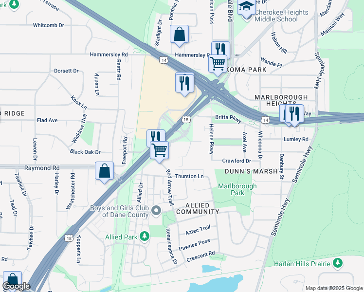 map of restaurants, bars, coffee shops, grocery stores, and more near 4641 Verona Rd in Madison